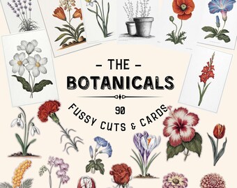 Vintage Botanical Printable Set – 90 Floral Ephemera Elements – Junk Journal Cards & Fussy Cuts – Botanical Collage Kit – Digital Download