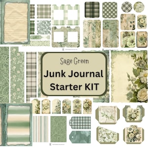 Puede incluir: Una colección de elementos de papel para diario de estilo junk journal en color verde salvia, incluyendo páginas rayadas, patrones florales, cuadros, etiquetas y bolsillos. El texto central dice Sage Green Junk Journal Starter KIT.