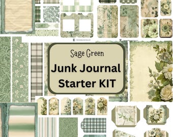 Sage Green Junk Journal Starter Kit – Printable Ephemera Set, Journal Pages, Pockets, Tags & Papers
