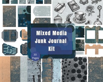 Junk Journal Kit Printable Papers – Indigo Neutral Mixed Media Ephemera – 30 Pages Backgrounds, Pockets, Tags & Fussy Cuts
