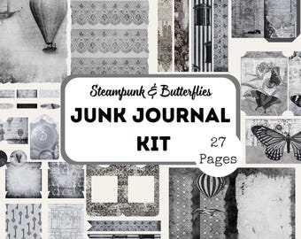 Grunge Steampunk Junk Journal Kit | Black & White Butterfly Ephemera (27 Pages)