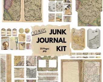Vintage Maps Junk Journal Kit – Printable Old World Papers, Antique Map Ephemera, Travel Journal Kit, Scrapbooking, Digital Download