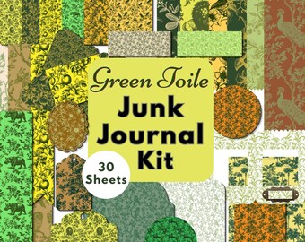 Junk Journal Kit | Green Toile Ephemera, Journal Pockets, Junk Journaling Supplies