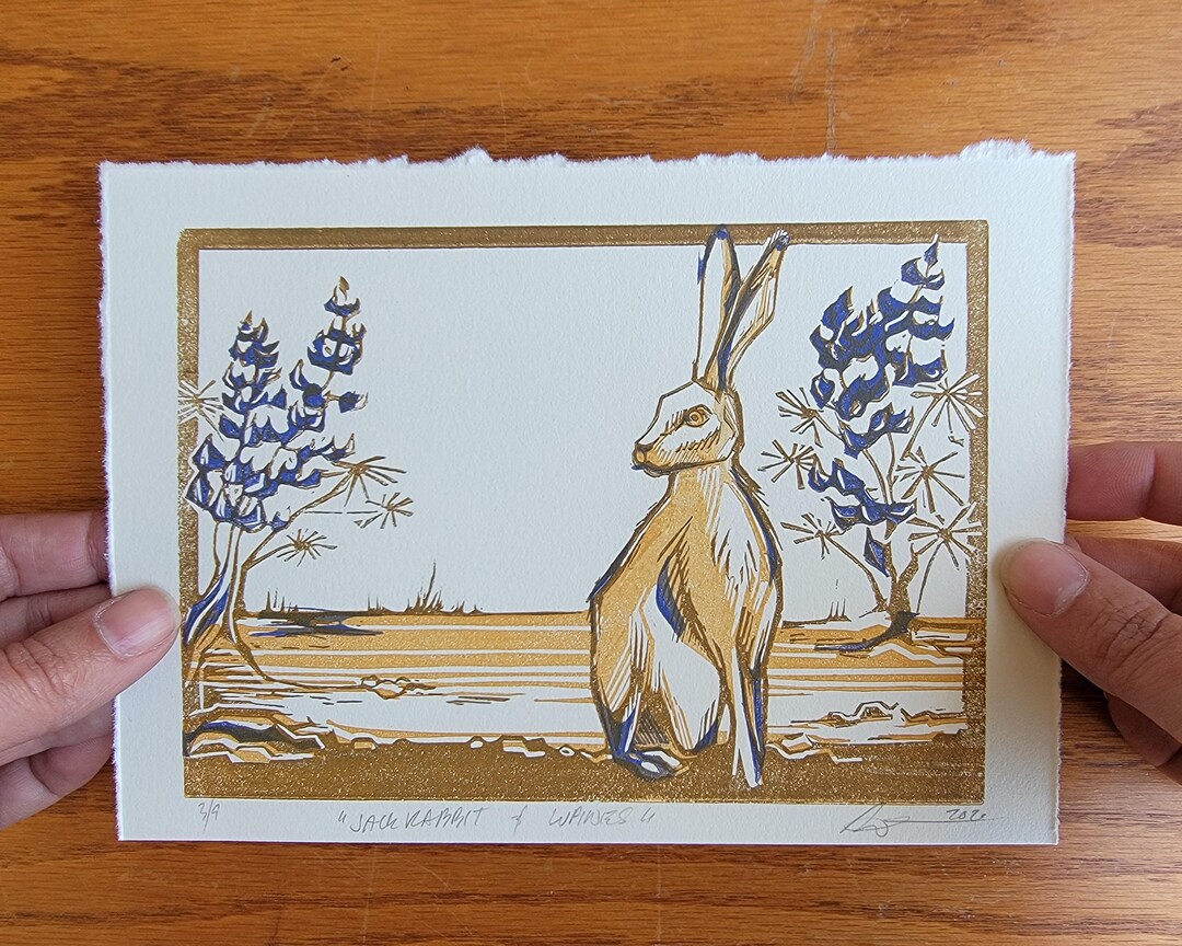 Lynocut Rabbit Jackrabbit & Lupines - Linocut Print - Limited Edition - Wildlife Art ...