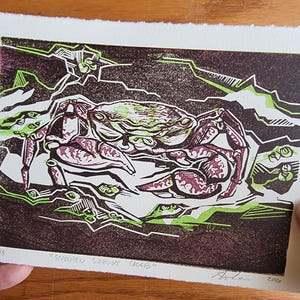 Striped Shore Crab - Linocut Print - Limited Edition - Animal Art - Sea Side Decor - California Nature Art - Sidecar Press