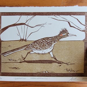 Greater Roadrunner - Linocut Print - Limited Edition - Wildlife Art - California Nature Art - Sidecar Press