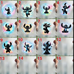 "A collection of 11 unique Stitch DTF transfer designs featuring a black silhouette of the character with vibrant, colorful galaxy and mystical light effects, organized in a numbered grid for easy selection."