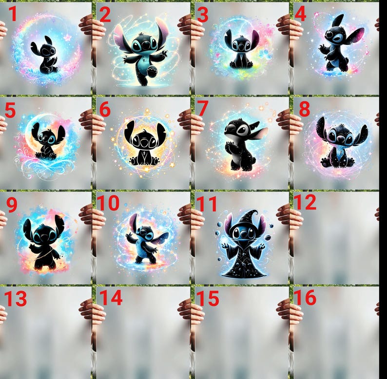 "A collection of 11 unique Stitch DTF transfer designs featuring a black silhouette of the character with vibrant, colorful galaxy and mystical light effects, organized in a numbered grid for easy selection."