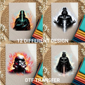 12 Different Star Wars DTF transfer designs featuring Darth Vader, Yoda, and Stormtrooper illustrations for heat press.