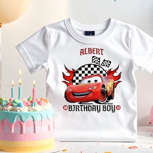 Personalized Racing Car Birthday Boy DTF Transfer, Custom Name Red Racecar Ready to Press Iron On Decal, Kids Race Theme Shirt Applique