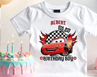 Personalized Racing Car Birthday Boy DTF Transfer, Custom Name Red Racecar Ready to Press Iron On Decal, Kids Race Theme Shirt Applique