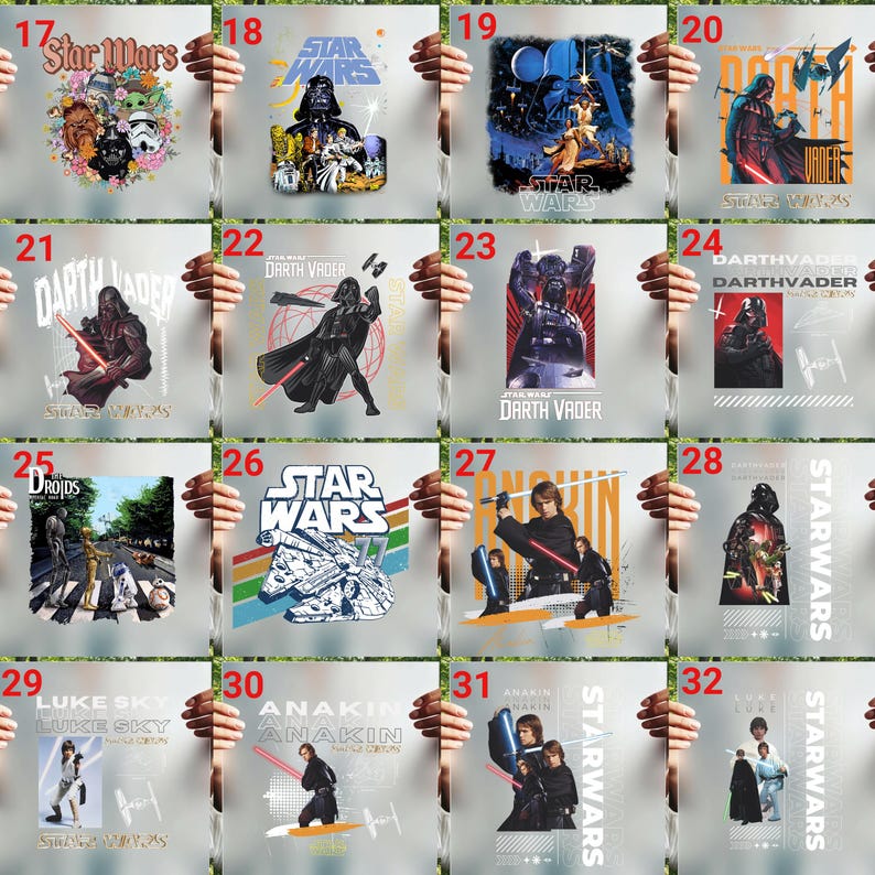 Collection of Star Wars ready-to-press transfers featuring Anakin Skywalker, Luke Skywalker, Droids, and colorful movie scenes for DIY t-shirt printing