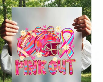 Pink Out DTF Transfer Ready to Press, Breast Cancer Awareness Football Shirt Decal, Cheer Bow Pink Ribbon Iron On Applique