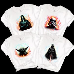 12 Different Star Wars DTF transfer designs featuring Darth Vader, Yoda, and Stormtrooper illustrations for heat press.
