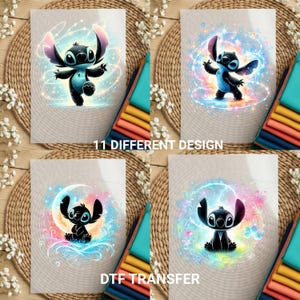 "Ready to press DTF transfer featuring a galaxy-themed Stitch silhouette with glowing colorful aura for custom t-shirt printing."