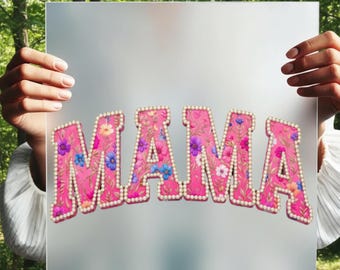 Pink Floral Mama DTF Transfer, Pearl Mom Iron On, Nana Gigi Grandma Decal, Ready to Press
