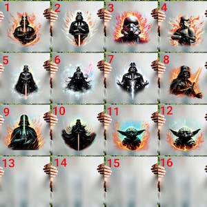 Puede incluir: Una colecci&oacute;n de 16 impresiones art&iacute;sticas tem&aacute;ticas de Star Wars. Las impresiones presentan personajes como Darth Vader, Stormtroopers y Yoda, con efectos de fuego y brillo. Cada impresi&oacute;n es sostenida por una mano.