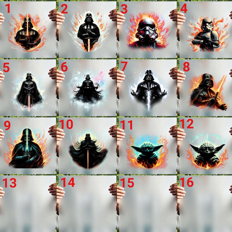 Puede incluir: Una colecci&oacute;n de 16 impresiones art&iacute;sticas tem&aacute;ticas de Star Wars. Las impresiones presentan personajes como Darth Vader, Stormtroopers y Yoda, con efectos de fuego y brillo. Cada impresi&oacute;n es sostenida por una mano.