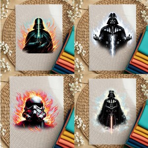 12 Different Star Wars DTF transfer designs featuring Darth Vader, Yoda, and Stormtrooper illustrations for heat press.