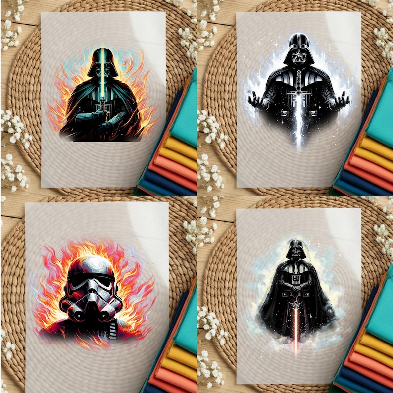 12 Different Star Wars DTF transfer designs featuring Darth Vader, Yoda, and Stormtrooper illustrations for heat press.