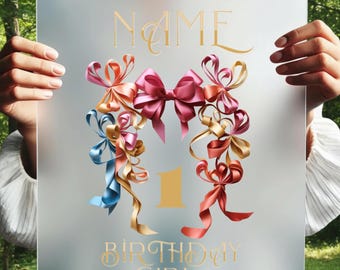Custom Birthday Girl DTF Transfer, Personalized Coquette Bow Name & Age Iron On Decal for DIY Party Shirt