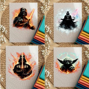 12 Different Star Wars DTF transfer designs featuring Darth Vader, Yoda, and Stormtrooper illustrations for heat press.