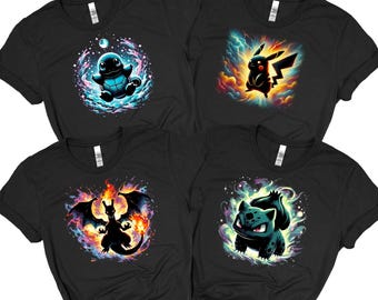 Pokémon DTF Transfer, Pikachu Charizard Gengar Squirtle Heat Press Aufkleber, benutzerdefiniertes Dark Style Anime zum Aufbügeln für T-Shirts, bereit zum Pressen von DTF