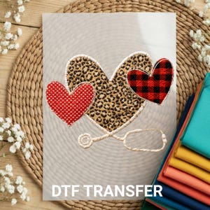Nurse DTF Transfer, Leopard Plaid Heart Stethoscope, Faux Embroidery Medical Valentine, Iron On Decal, RN LPN Gift, Diy Shirt Print