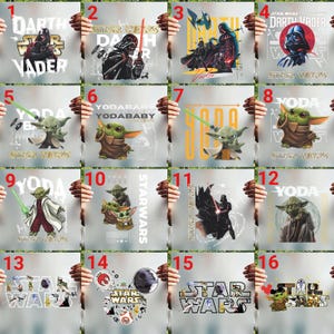 Numbered catalog grid showing various Star Wars DTF transfer designs including Darth Vader, Baby Yoda, and logo graphics for custom apparel.