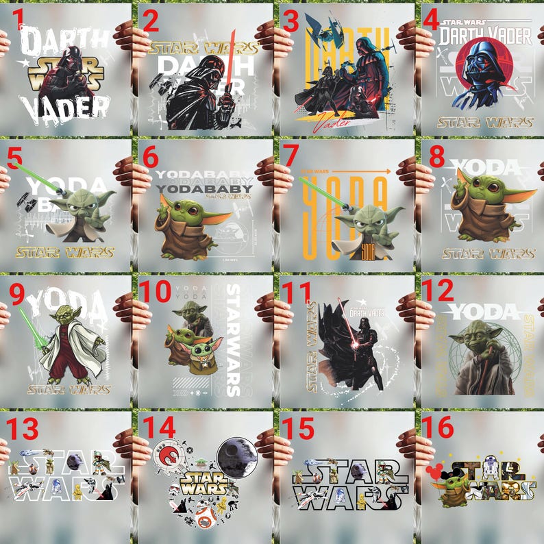Numbered catalog grid showing various Star Wars DTF transfer designs including Darth Vader, Baby Yoda, and logo graphics for custom apparel.