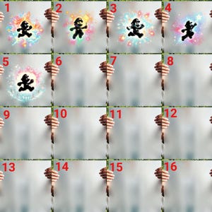 A grid of 16 numbered slots showing 5 different artistic Super Mario silhouette DTF transfer designs with cosmic colorful glow effects.