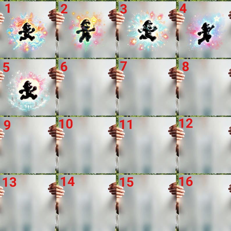 A grid of 16 numbered slots showing 5 different artistic Super Mario silhouette DTF transfer designs with cosmic colorful glow effects.