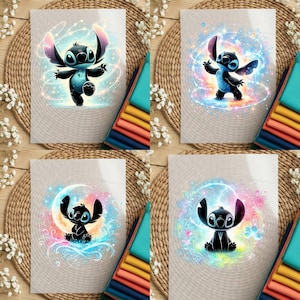 "A collection of 11 unique Stitch DTF transfer designs featuring a black silhouette of the character with vibrant, colorful galaxy and mystical light effects, organized in a numbered grid for easy selection."