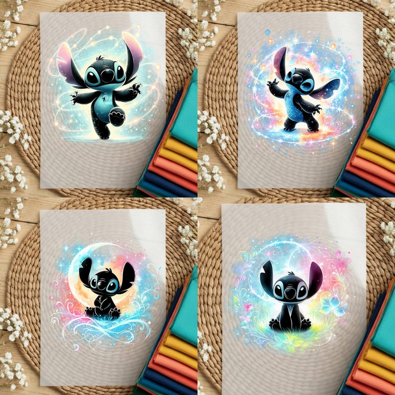"A collection of 11 unique Stitch DTF transfer designs featuring a black silhouette of the character with vibrant, colorful galaxy and mystical light effects, organized in a numbered grid for easy selection."
