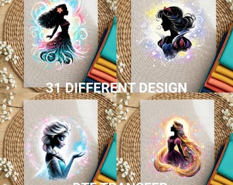 Princess DTF Transfer Ready to Press, Silhouette Princess Iron On, Glitter Magic Girl Heat Transfer for Shirts, Elsa Belle Moana Merida DTF