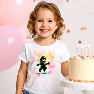 Birthday girl wearing Mario design
