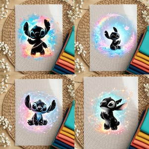 "A collection of 11 unique Stitch DTF transfer designs featuring a black silhouette of the character with vibrant, colorful galaxy and mystical light effects, organized in a numbered grid for easy selection."