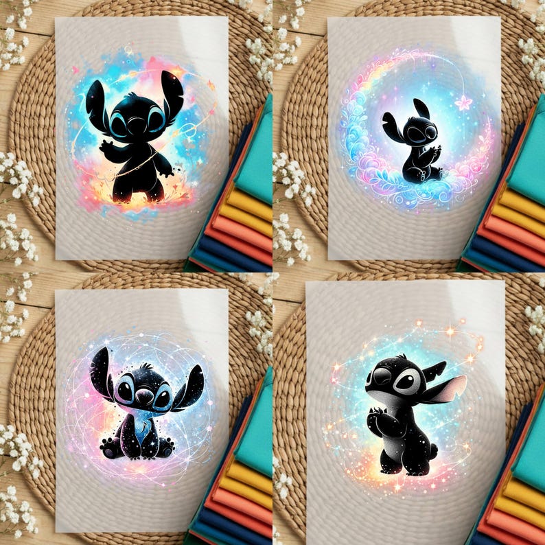 "A collection of 11 unique Stitch DTF transfer designs featuring a black silhouette of the character with vibrant, colorful galaxy and mystical light effects, organized in a numbered grid for easy selection."