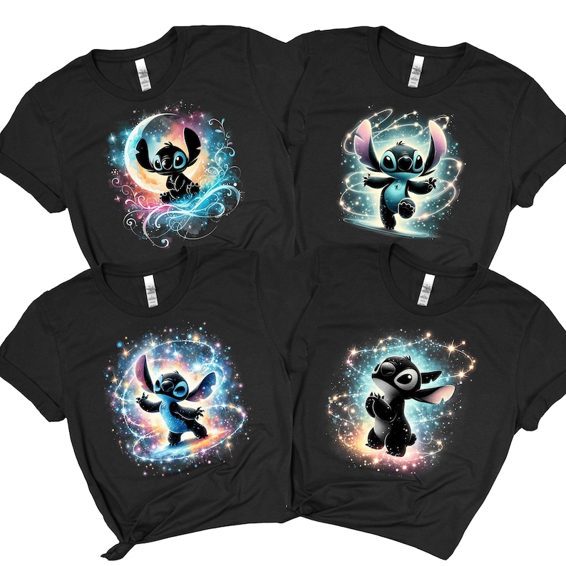 "A collection of 11 unique Stitch DTF transfer designs featuring a black silhouette of the character with vibrant, colorful galaxy and mystical light effects, organized in a numbered grid for easy selection."