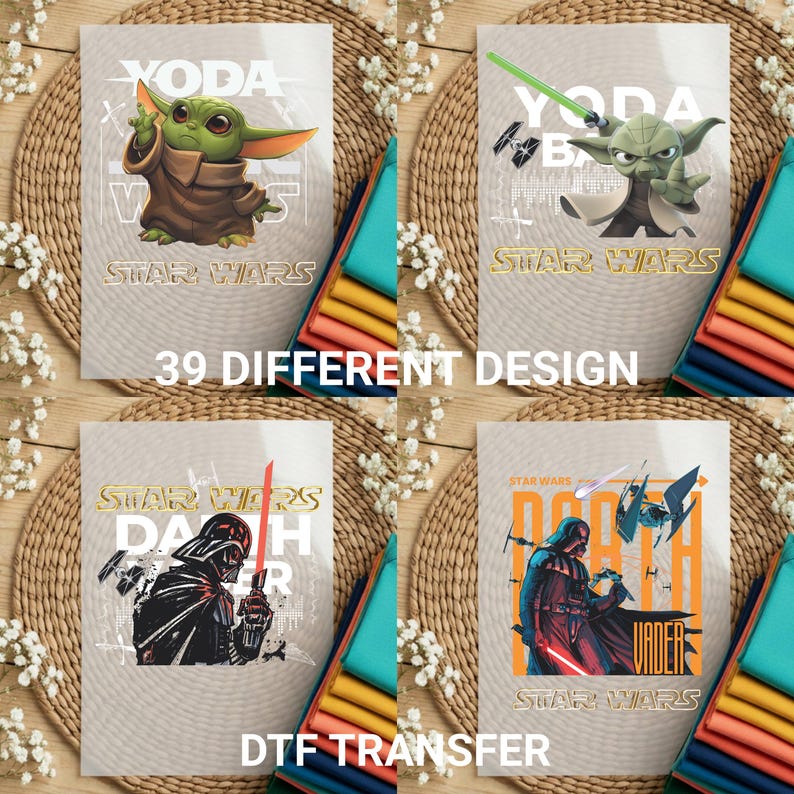 Close-up view of ready-to-press Star Wars DTF transfer sheets featuring Baby Yoda and Darth Vader designs with vibrant colors and sharp details