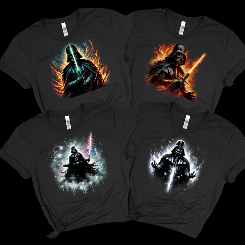 12 Different Star Wars DTF transfer designs featuring Darth Vader, Yoda, and Stormtrooper illustrations for heat press.