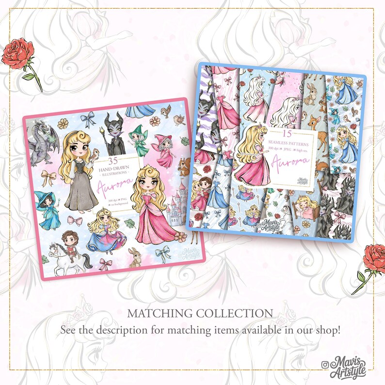 May include: A digital collection featuring 35 hand-drawn illustrations and 15 seamless patterns of a blonde princess, a castle, a dragon, and forest creatures. The text reads 35 HAND-DRAWN ILLUSTRATIONS, Aurora, 15 SEAMLESS PATTERNS, and Mavis Artstyle.