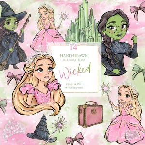 Op de afbeelding: Een collectie van 14 handgetekende illustraties getiteld Wicked, met stripfiguren waaronder groenhuidige figuren in zwarte outfits, blonde figuren in roze jurken, een groen kasteel, een roze koffer, toverstaven en tiara's.