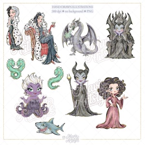 K&ouml;nnte beinhalten: Handgezeichnete Illustrationen verschiedener Zeichentrick-B&ouml;sewichte, darunter Cruella de Vil, Maleficent und Ursula. Die Charaktere sind in einem skurrilen Stil mit leuchtenden Farben und komplizierten Details dargestellt. Das Bild enth&auml;lt auch einen Drachen und einen Hai.