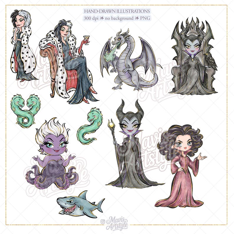 K&ouml;nnte beinhalten: Handgezeichnete Illustrationen verschiedener Zeichentrick-B&ouml;sewichte, darunter Cruella de Vil, Maleficent und Ursula. Die Charaktere sind in einem skurrilen Stil mit leuchtenden Farben und komplizierten Details dargestellt. Das Bild enth&auml;lt auch einen Drachen und einen Hai.