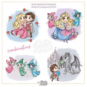 May include: A collection of digital hand-drawn illustrations featuring chibi-style characters including a princess in a pink gown, a prince, fairies in colourful dresses, and a dragon with a castle. Text includes HAND-DRAWN ILLUSTRATIONS, 300 dpi, no background, PNG, combinations, and Mavis Artstyle.