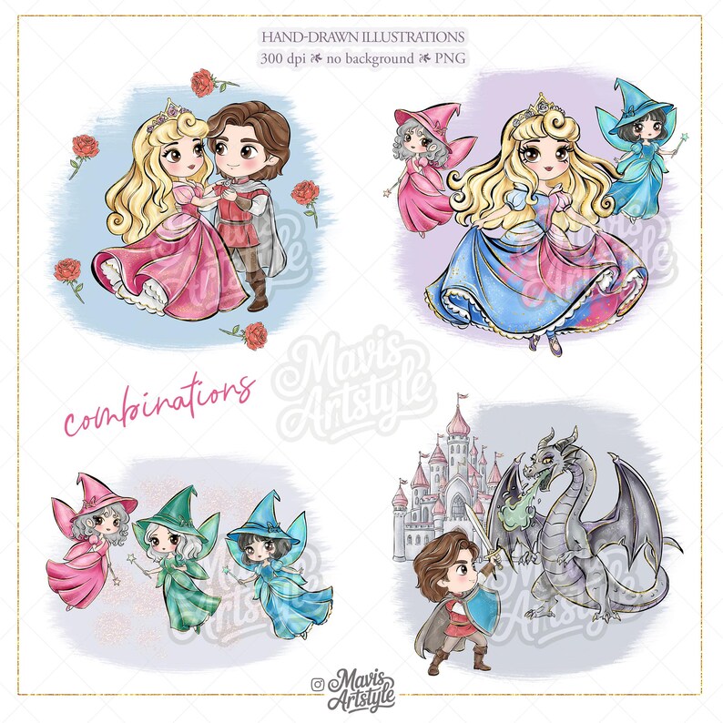 May include: A collection of digital hand-drawn illustrations featuring chibi-style characters including a princess in a pink gown, a prince, fairies in colourful dresses, and a dragon with a castle. Text includes HAND-DRAWN ILLUSTRATIONS, 300 dpi, no background, PNG, combinations, and Mavis Artstyle.