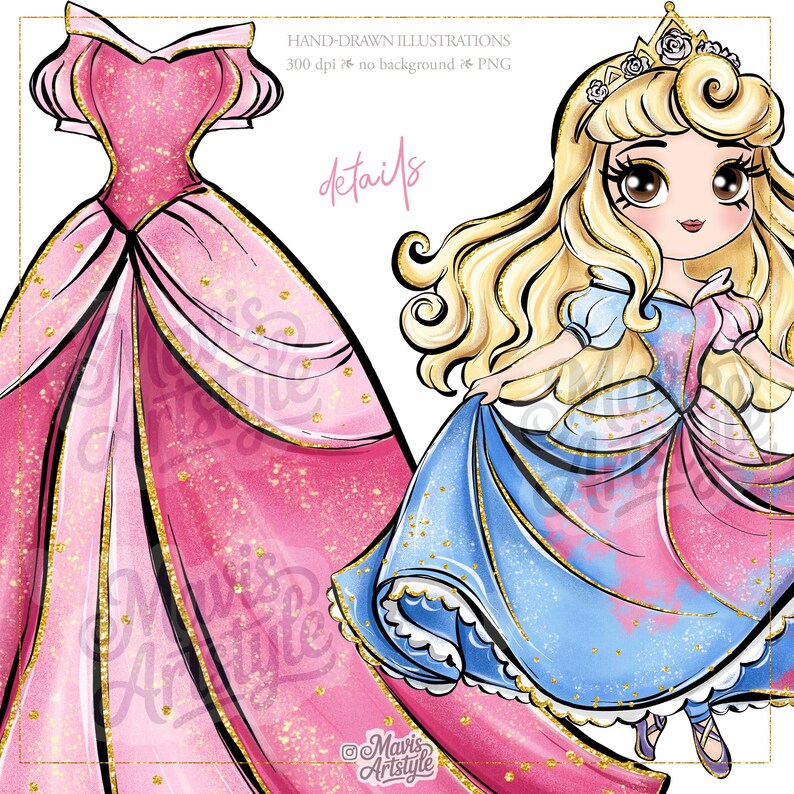 May include: A digital illustration featuring a pink ball gown with gold trim and a cartoon character with long blonde hair wearing a blue and pink dress with a crown. Text includes HAND-DRAWN ILLUSTRATIONS, 300 dpi, no background, PNG, and Mavis Artstyle.
