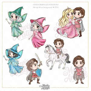 May include: A collection of digital illustrations featuring chibi-style characters including three fairies in green, pink, and blue dresses with matching hats and wands, a princess and prince, a knight on a white horse, and a prince with a sword and shield.