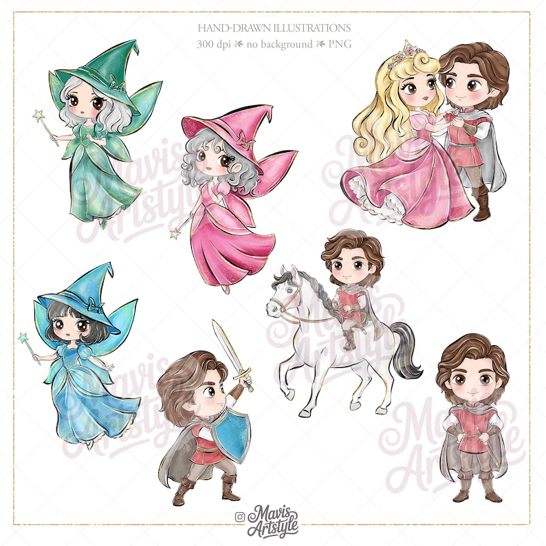 May include: A collection of digital illustrations featuring chibi-style characters including three fairies in green, pink, and blue dresses with matching hats and wands, a princess and prince, a knight on a white horse, and a prince with a sword and shield.